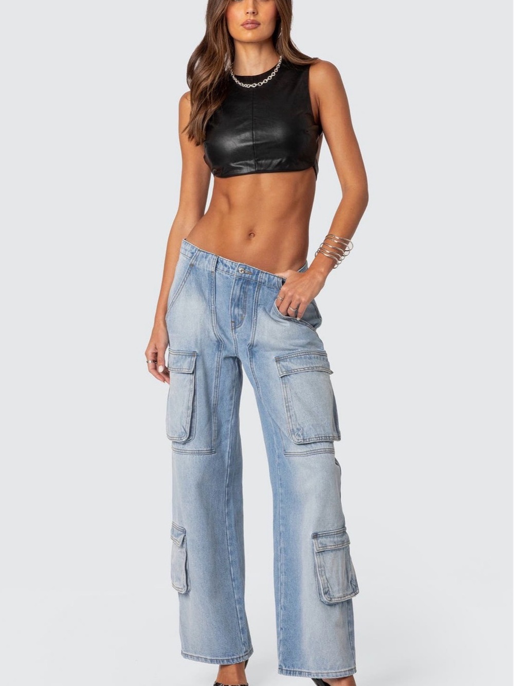 Edikted Black Faux Leather Crop Tank Top Size Small